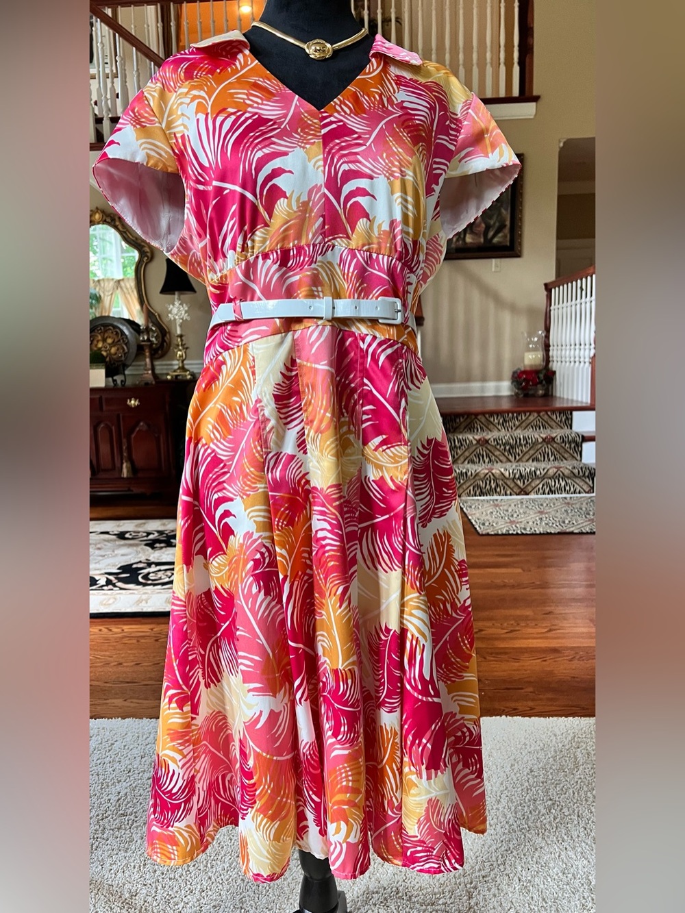Alex Marie Pink, Orange & Cream Tropical Print women's Dress with White Belt